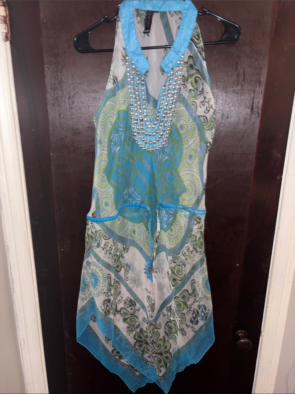 Beaded V-Neck Halter Tunic in Teal and Green